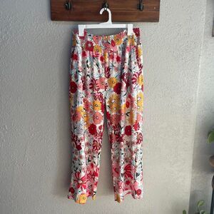 Bright Floral print smocked elastic waistband pants 1XL